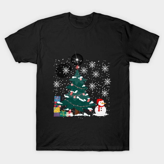 Snowman with Christmas tree and gifts T-Shirt by Mr.Dom store